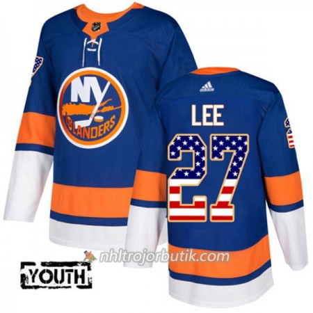 Barn Ishockey New York Islanders Tröja Anders Lee 27 Adidas 2017-2018 Blå USA Flag Fashion Authentic